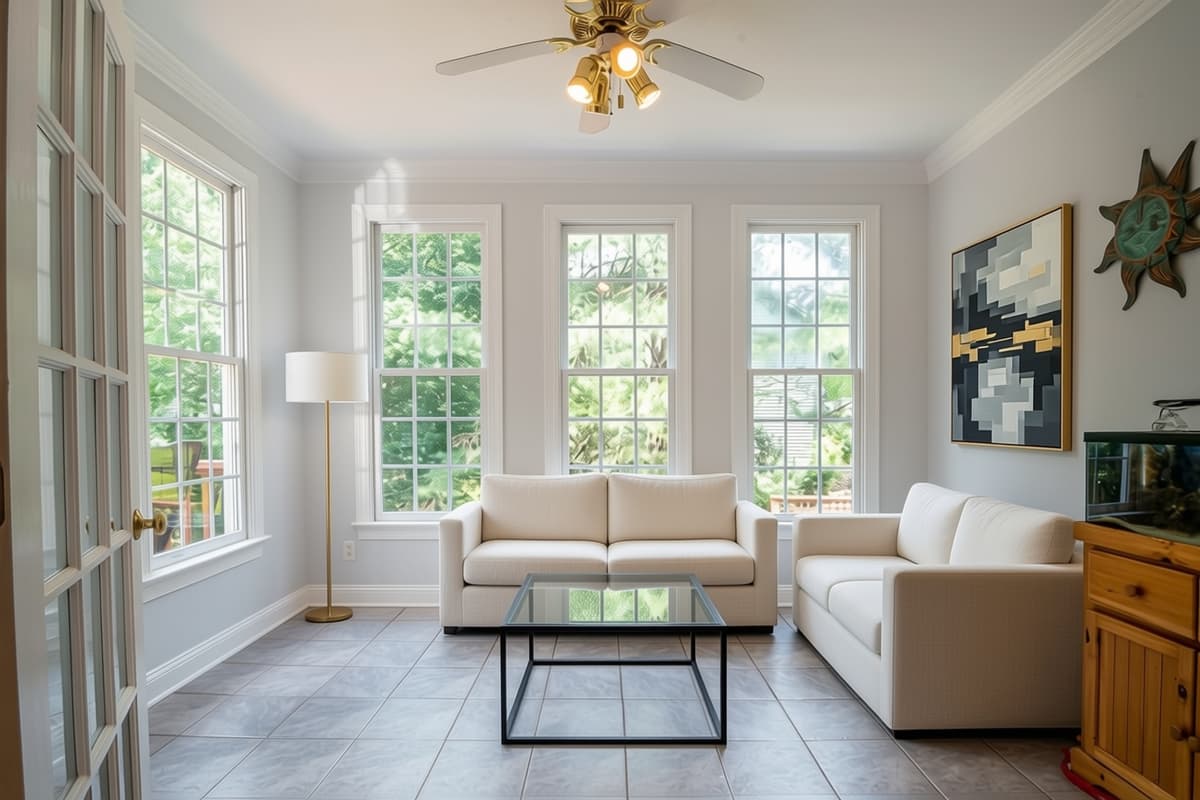 Same living room staged in Modern style