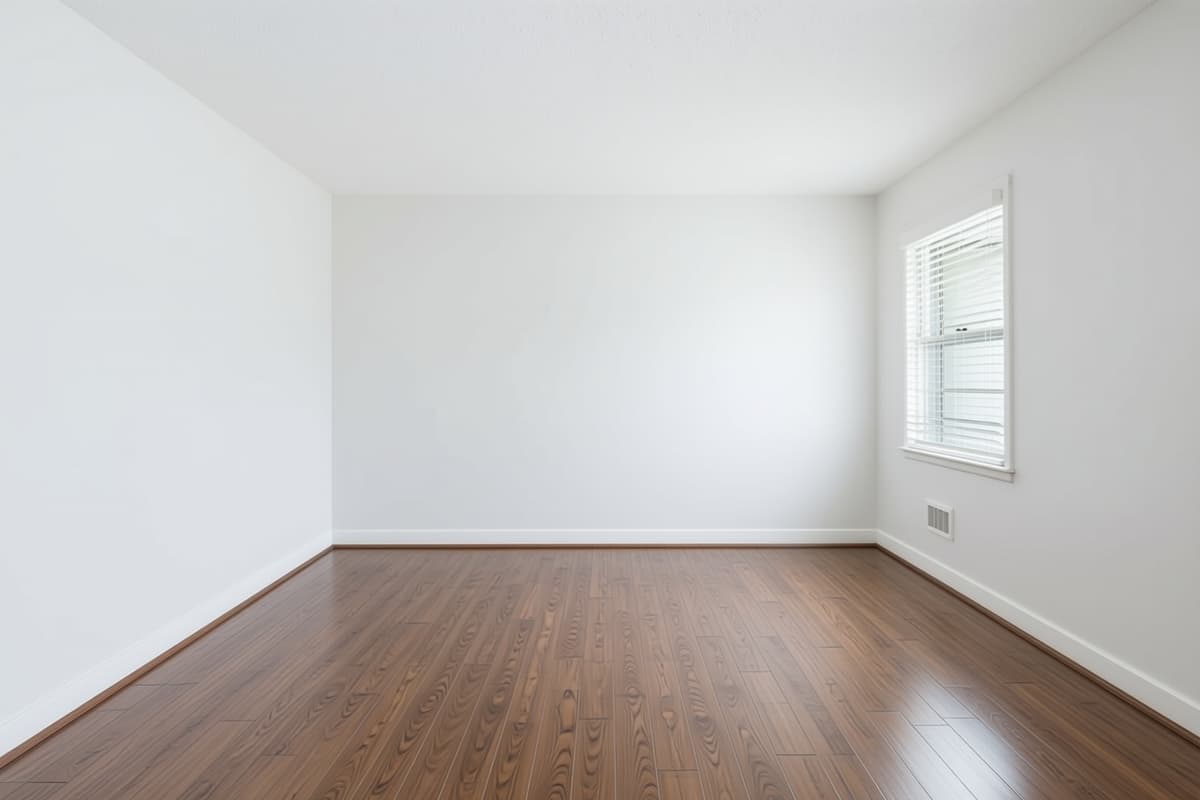 Same room emptied, windows and wood floor intact