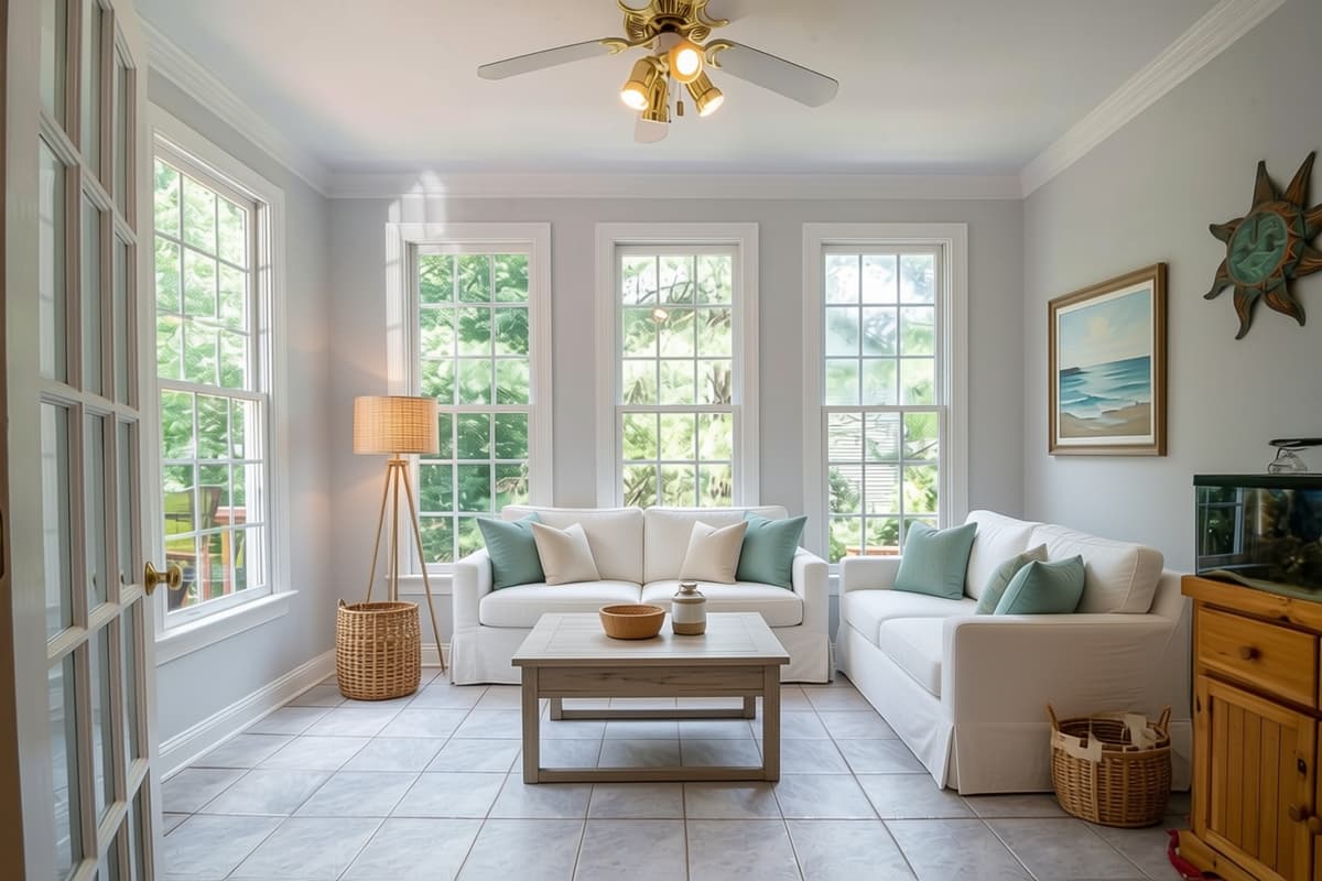 The same sunroom staged in Coastal style
