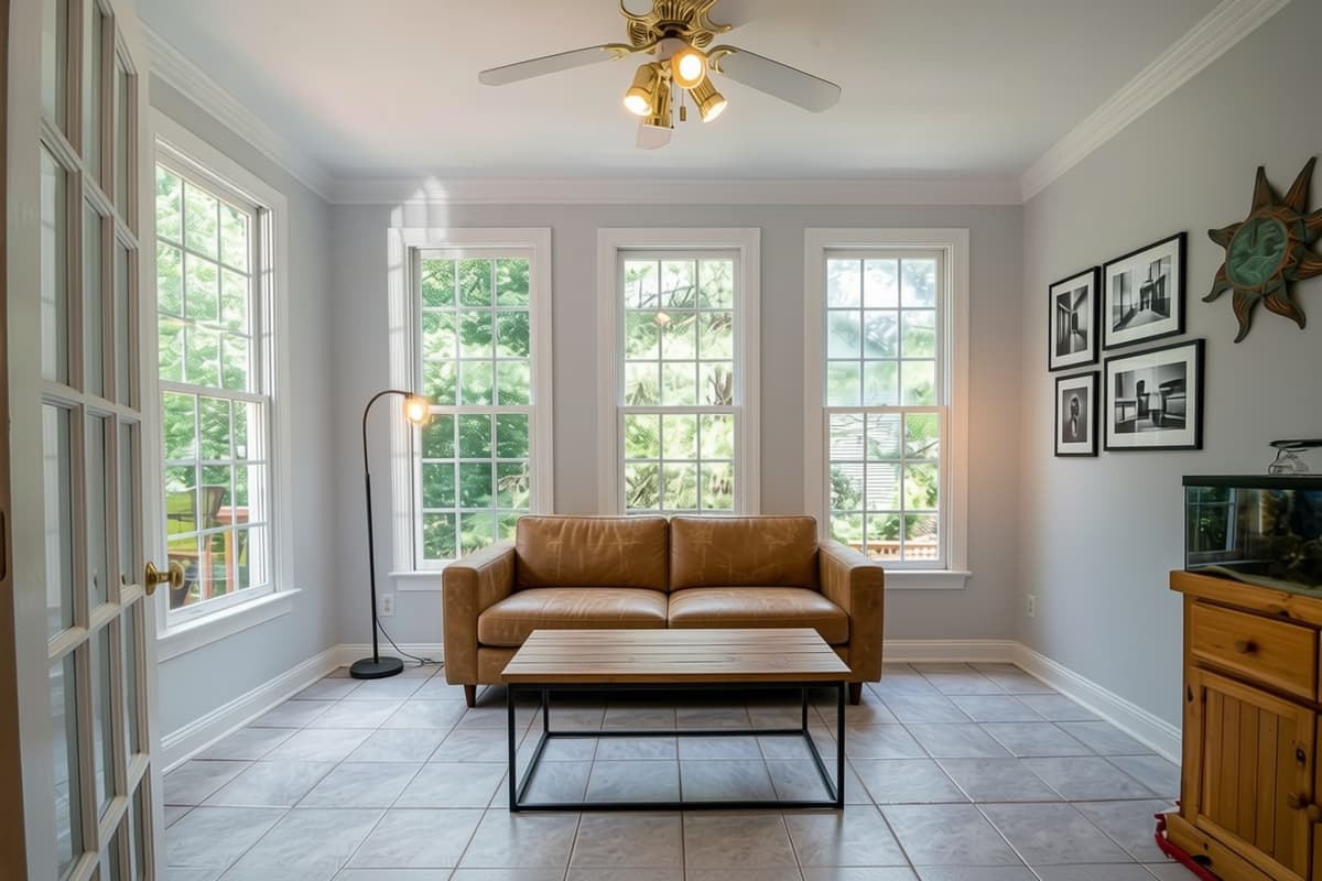 The same sunroom staged in Industrial style