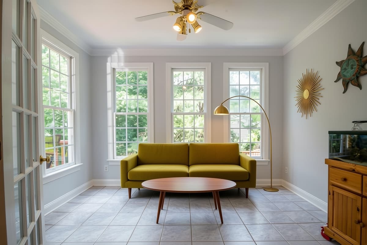 Same sunroom staged, identical tile floor kept